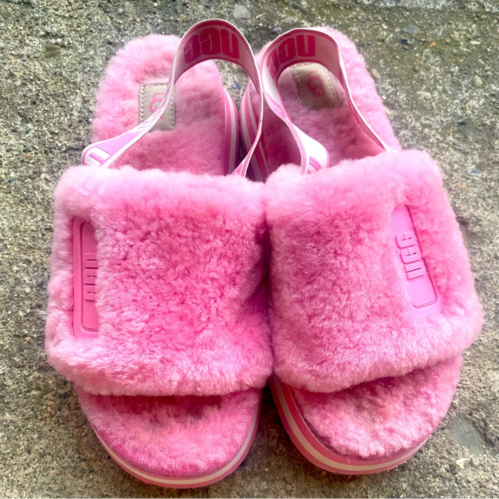 UGG Pink Plush Shearling Slingback Sandals
